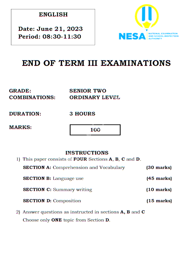 English examination for s2 of the end of third term, 2023