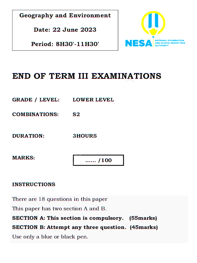 Geography examination for s2 of the end of third term, 2023