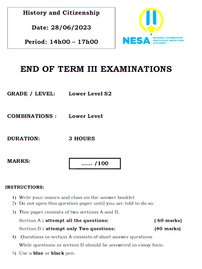 History examination for s2 of the end of third term, 2023