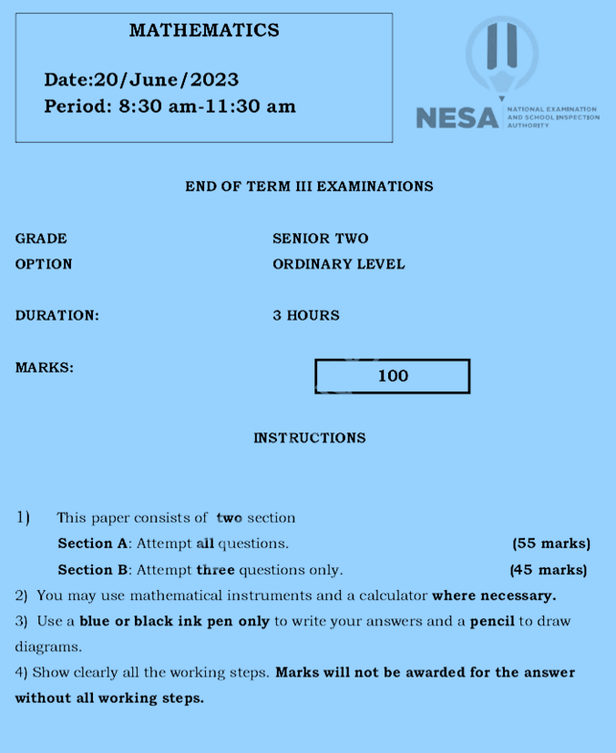 Mathematics examination for s2 of the end of third term, 2023