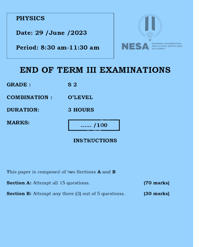 Physics examination for s2 of the end of third term, 2023