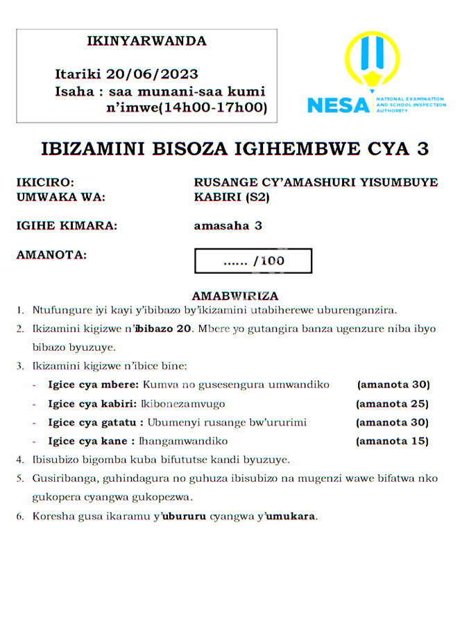 Kinyarwanda examination for s2 of the end of third term, 2023