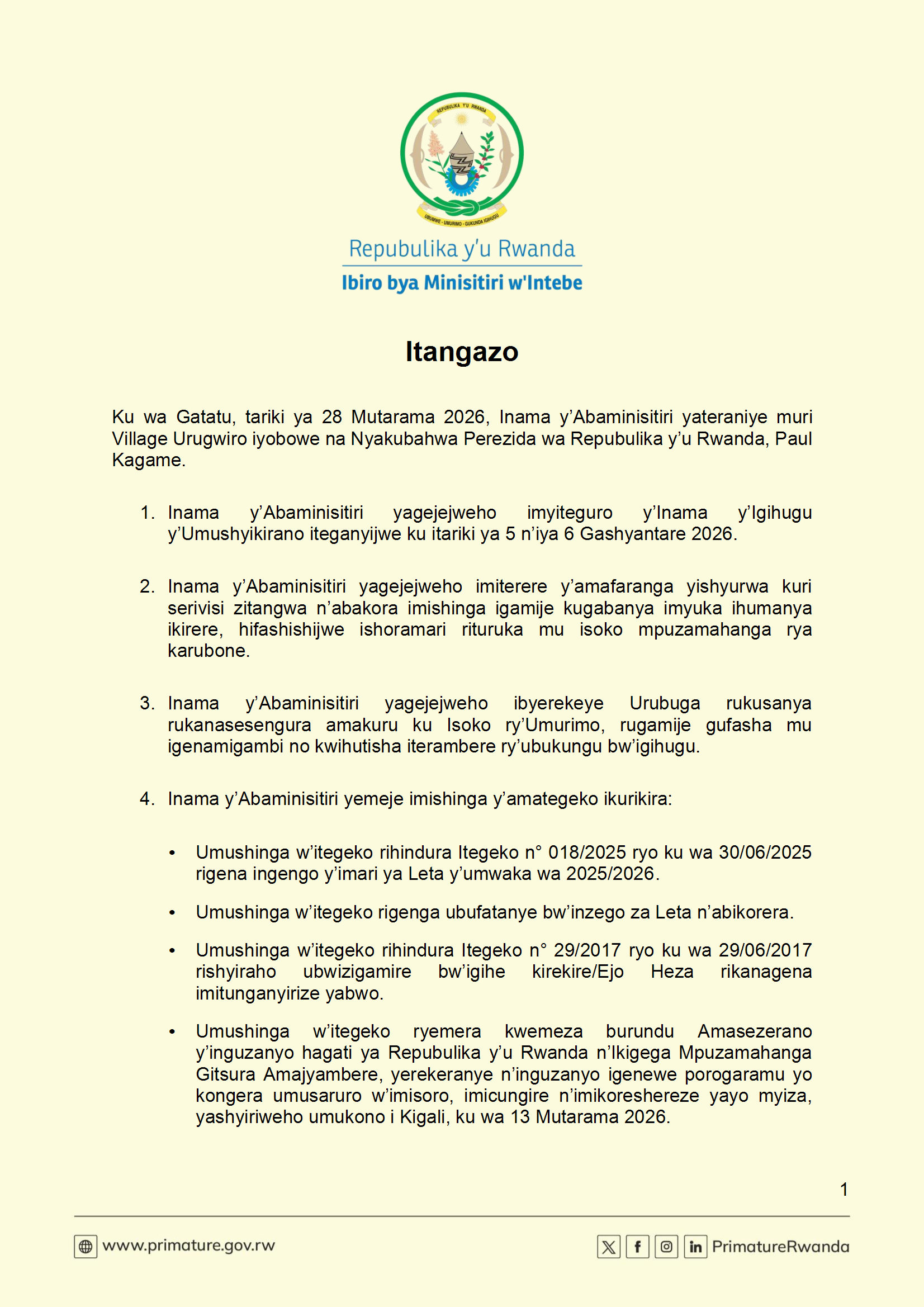 Ibyemezo by’Inama y’Abaministry – 28/01/2026 - THINKBIG O.S. Ltd ...